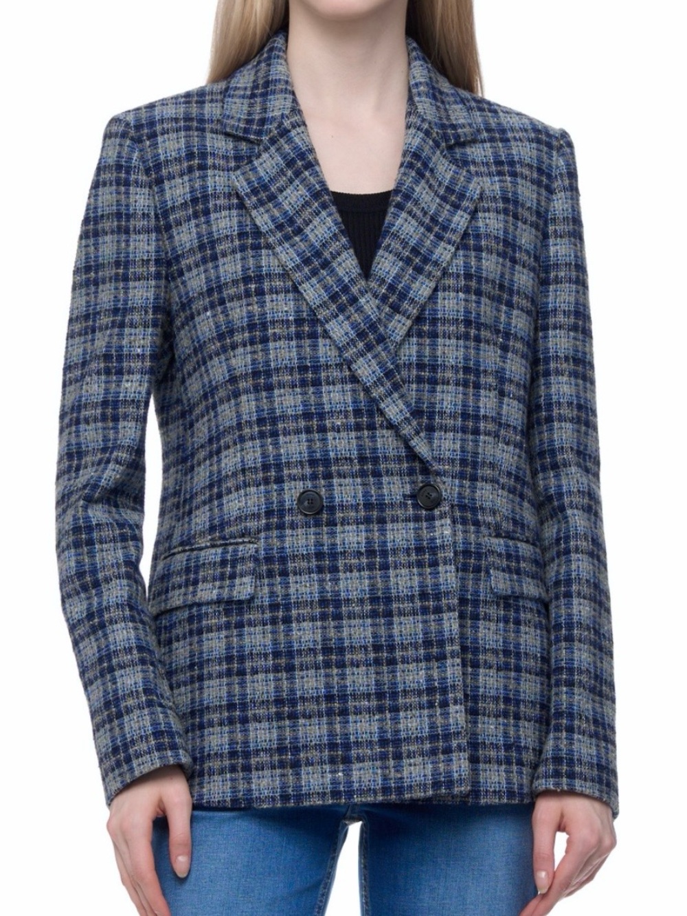 Boss Hugo Boss Sz 2 Janka Blazer Double-Breasted Plaid Blue Jacket Classic.